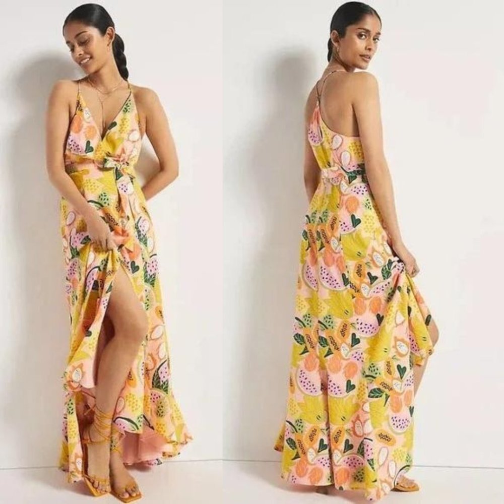 Hutch Anthropologie High-Low Fruit Print Wrap Maxi Dress